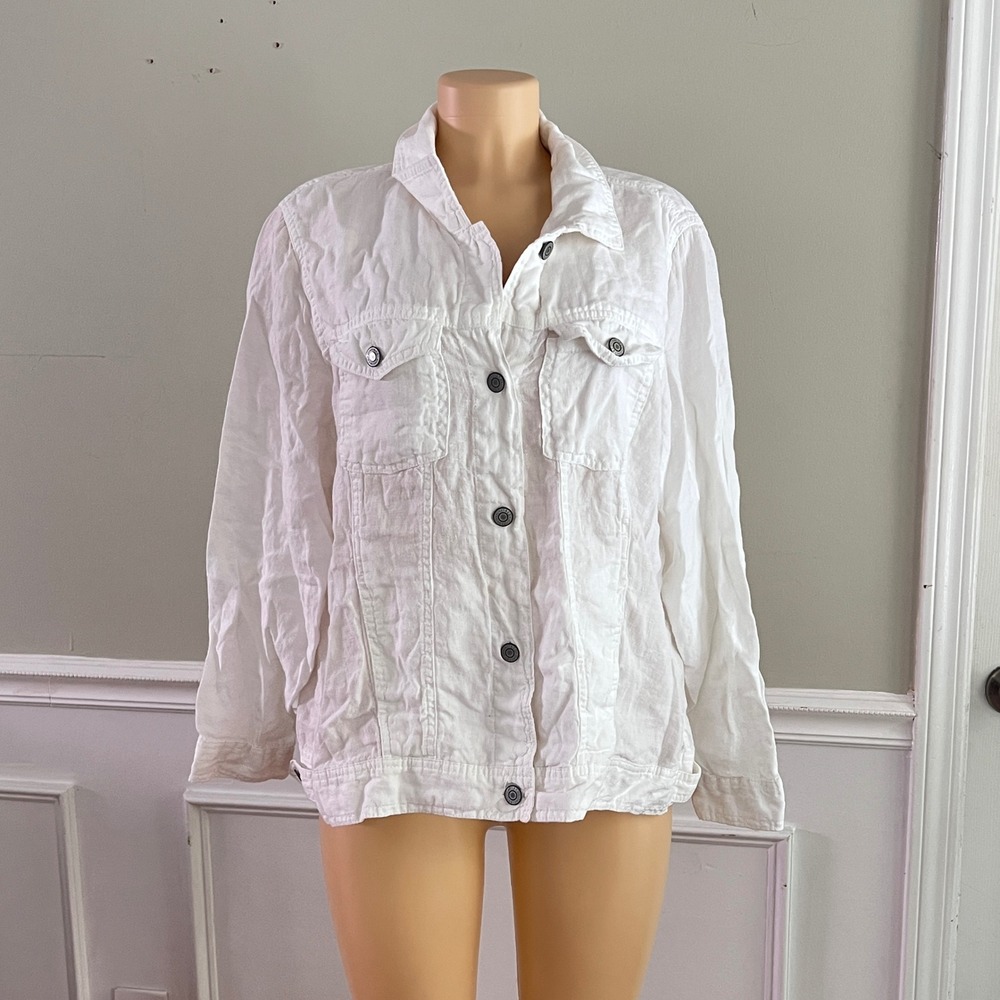 Jones & Co Linen Trucker Jacket Womens‎ 1X White Button Up Lightweight Coastal